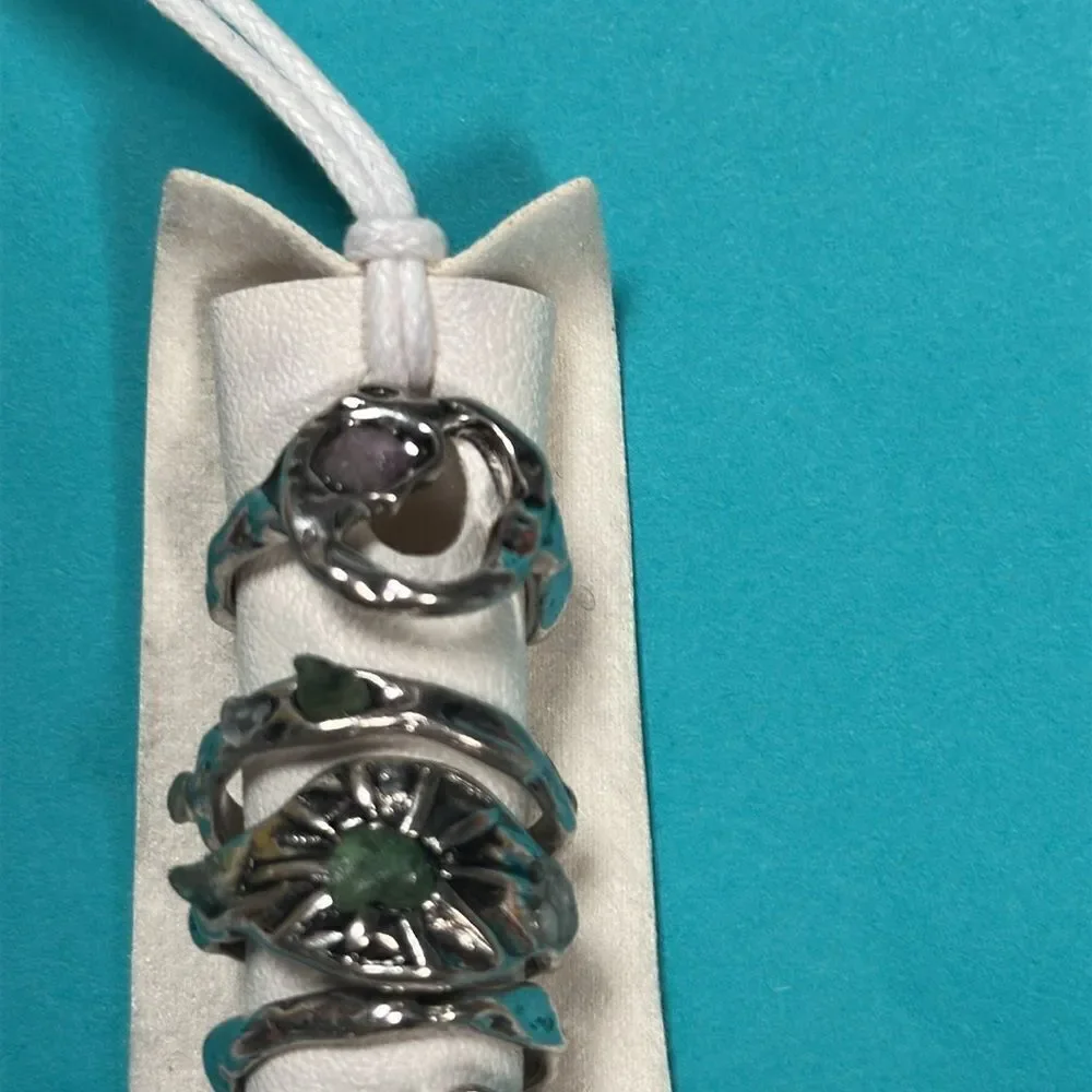 Free People Ring Set Silver Green Stones 7 Rings